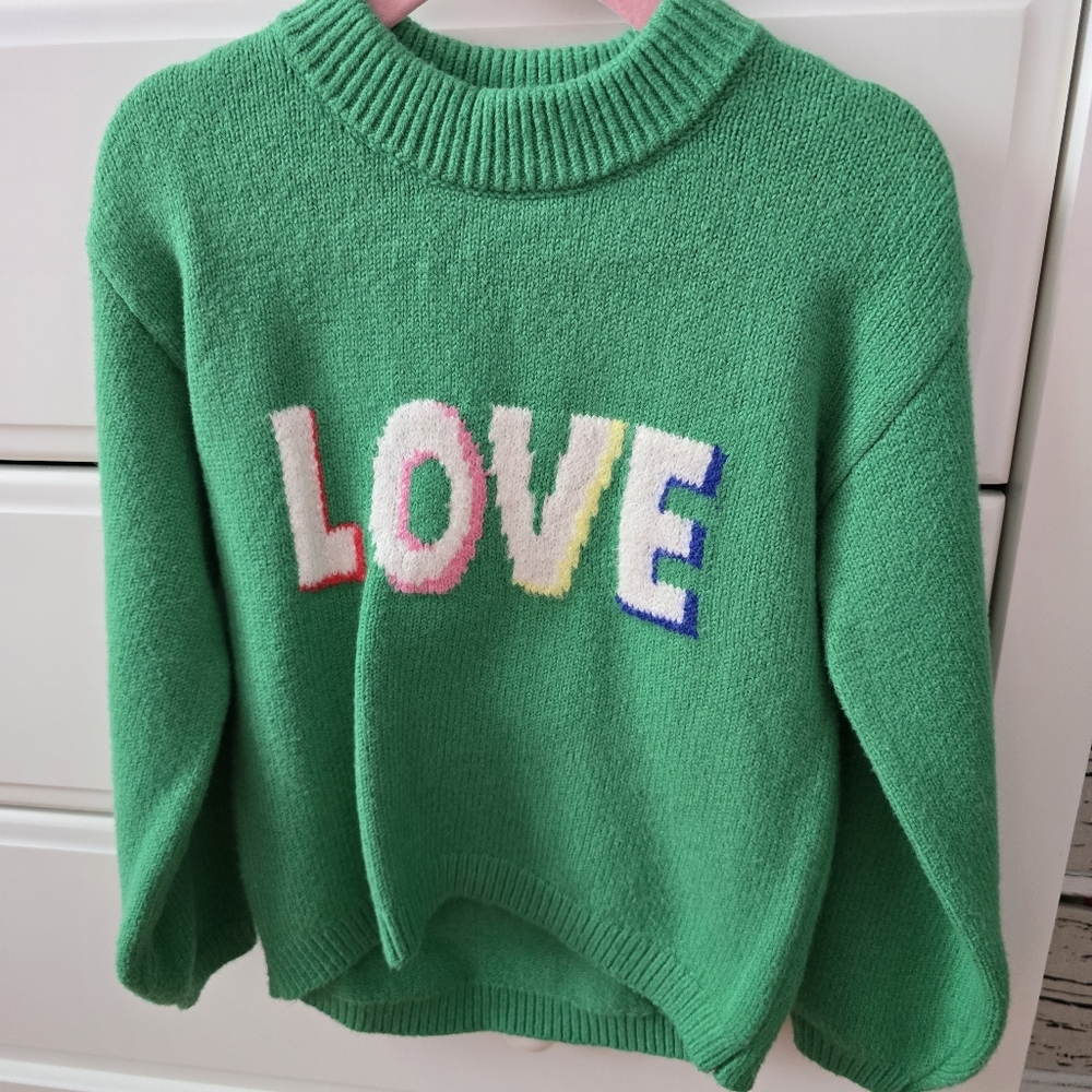 Green Sweater with 'LOVE' Embroidery